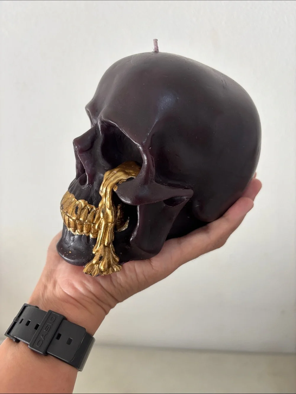New Dark Brown Skull Candle with Gold Drip Accent